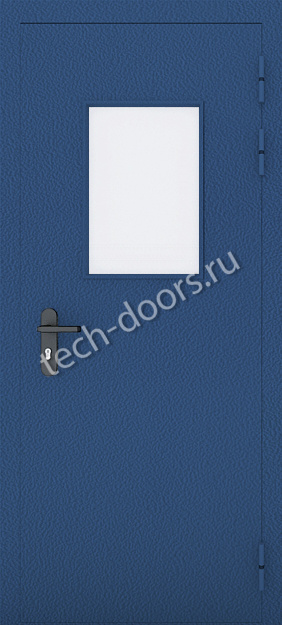 Противопожарная однопольная дверь синяя 1080x2050 остекленная